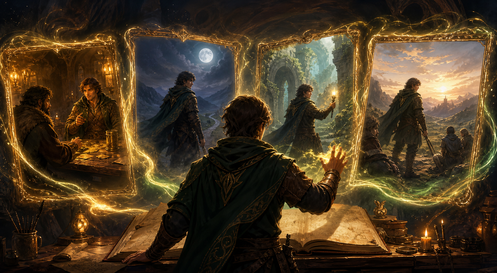A fantasy party looking over illustrated moments from an ongoing adventure